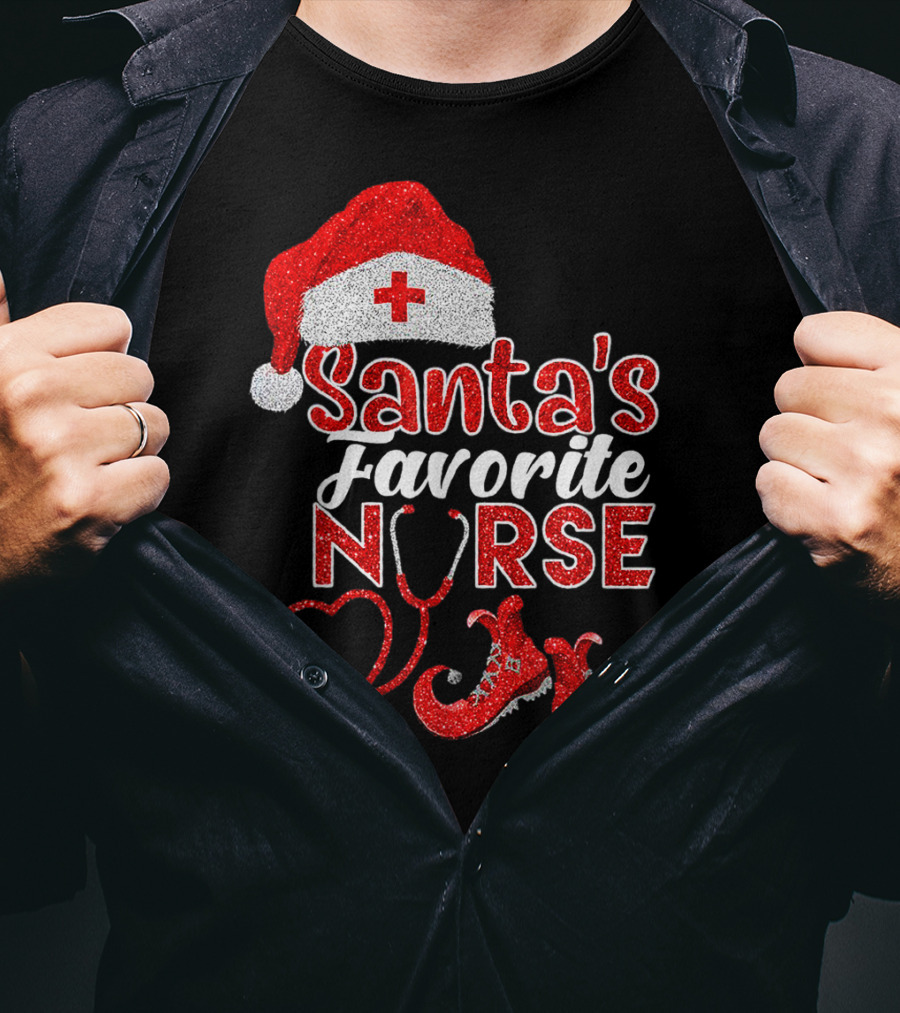 Santa's Favorite Nurse Heart Stethoscope Elf Shoes Merry Xmas Party T-Shirt