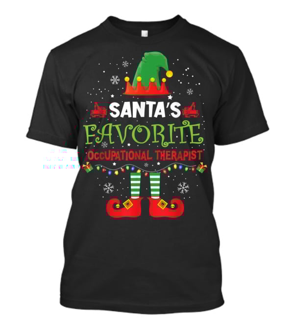Santa's Favorite Occupational Therapist Merry Christmas Elf Hat Lights Snowflakes T-Shirt