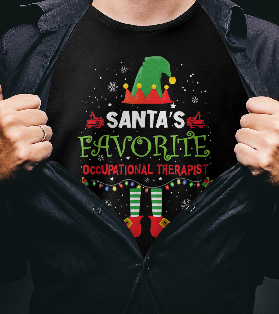 Santa's Favorite Occupational Therapist Merry Christmas Elf Hat Lights Snowflakes T-Shirt