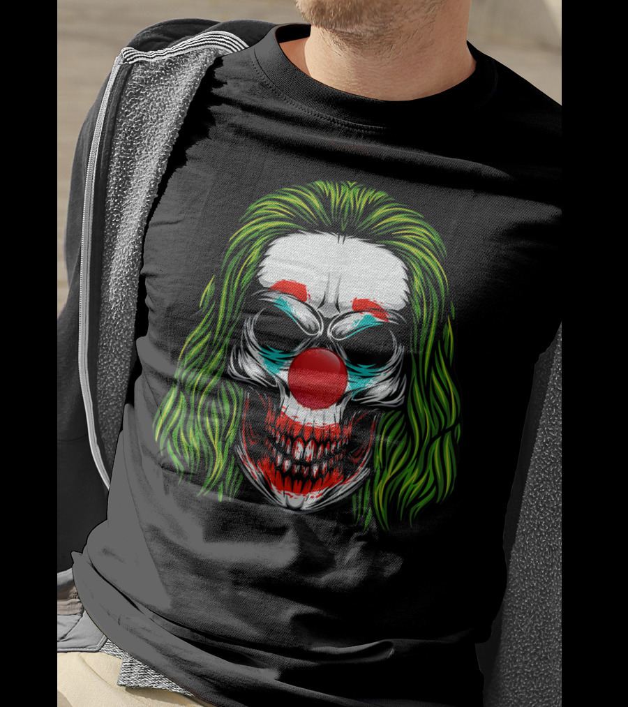 Scary Clown Skull Horror With Green Hair And Red Nose T-Shirt