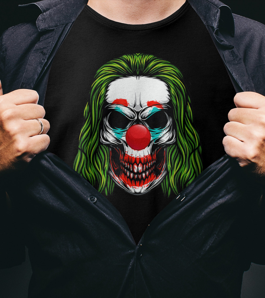 Scary Clown Skull Horror With Green Hair And Red Nose T-Shirt