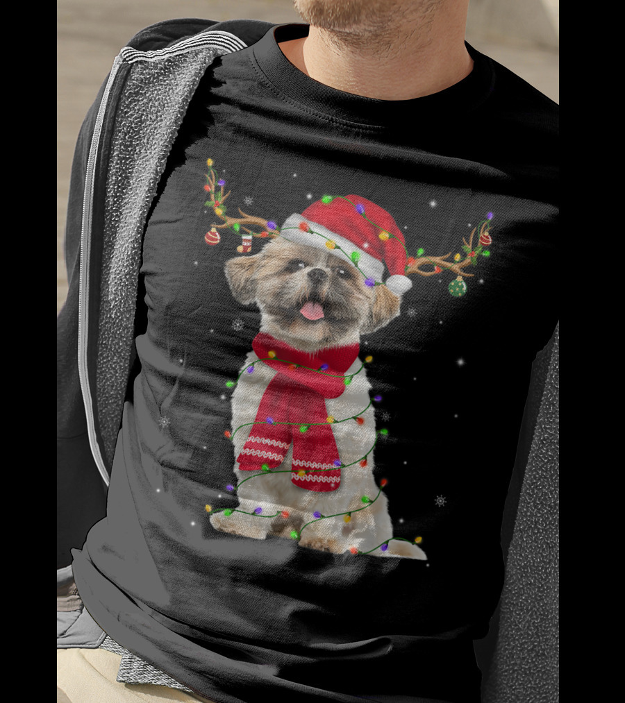 Shih Tzu Christmas Reindeer Antlers Red Scarf Santa Hat Festive Lights T-Shirt