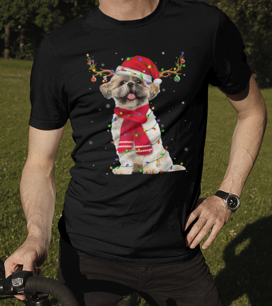 Shih Tzu Christmas Reindeer Antlers Red Scarf Santa Hat Festive Lights T-Shirt