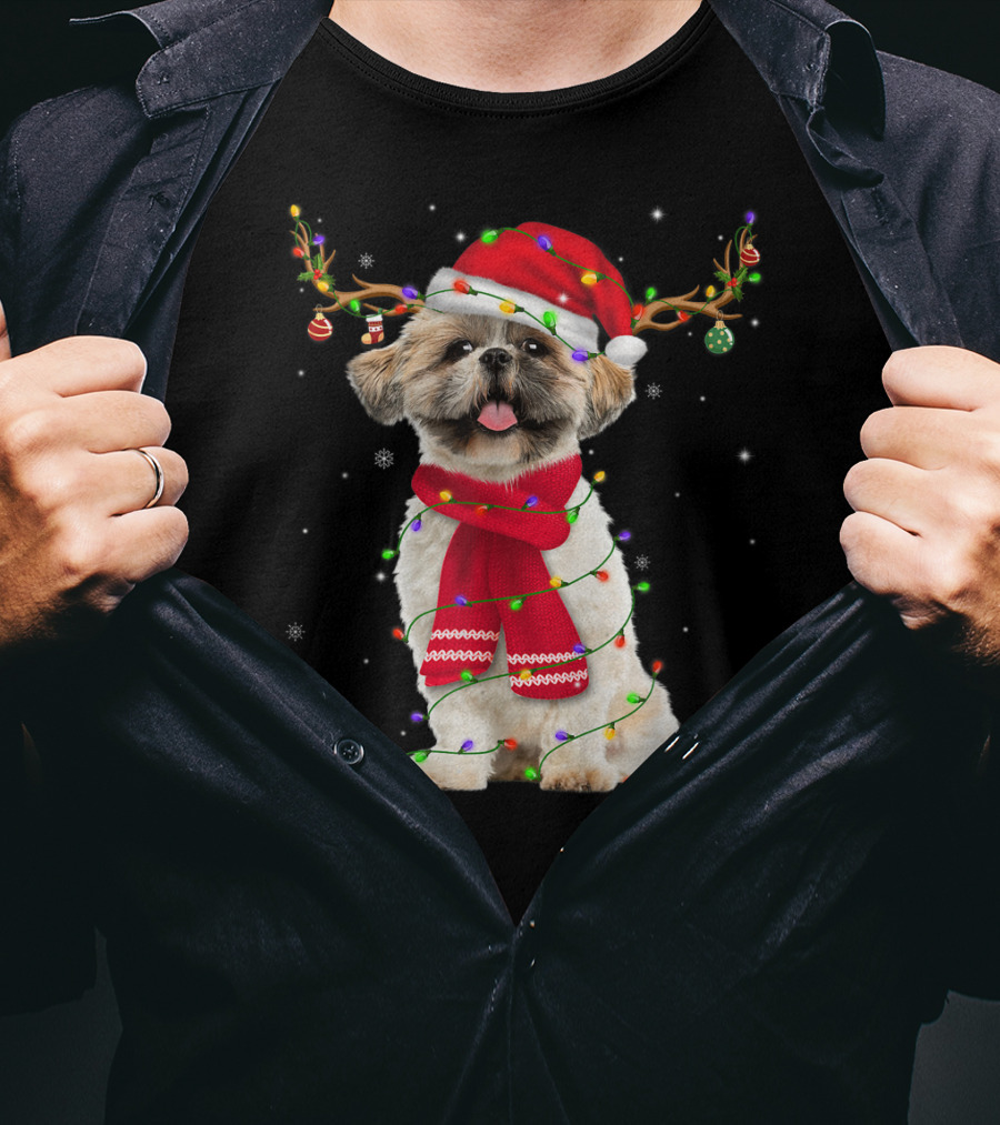 Shih Tzu Christmas Reindeer Antlers Red Scarf Santa Hat Festive Lights T-Shirt