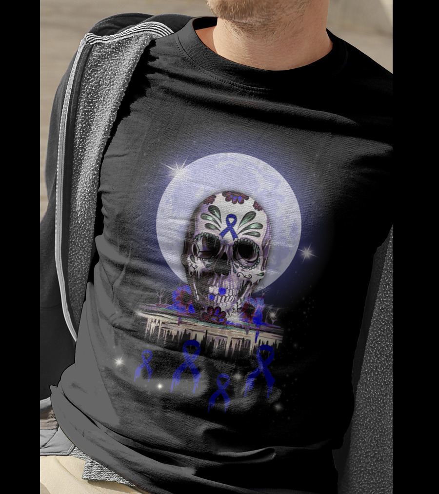 Skull With Floral Motifs And Blue Ribbon In Front Of Full Moon For Rectal Cancer Awareness T-Shirt