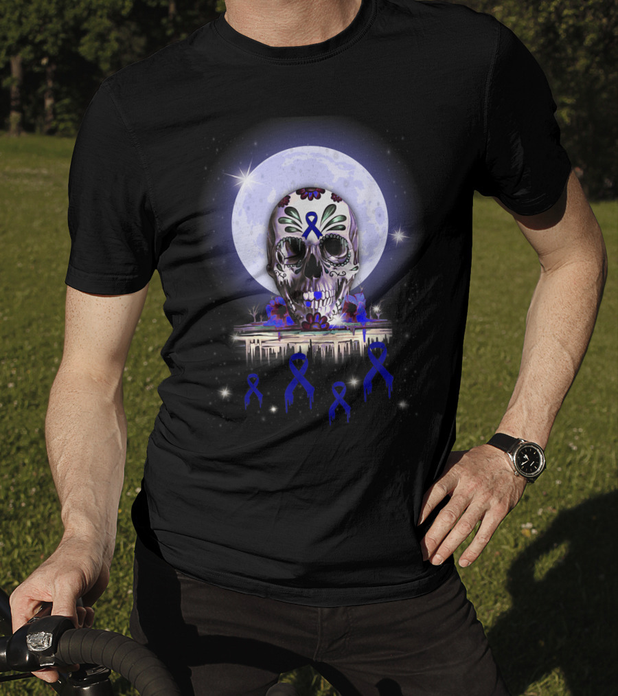 Skull With Floral Motifs And Blue Ribbon In Front Of Full Moon For Rectal Cancer Awareness T-Shirt