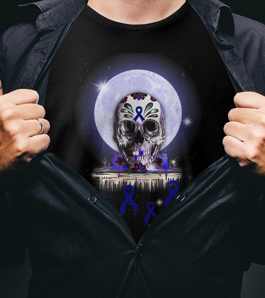 Skull With Floral Motifs And Blue Ribbon In Front Of Full Moon For Rectal Cancer Awareness T-Shirt