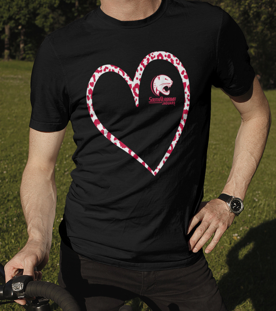 South Alabama Jaguars Leopard Print Heart T-Shirt