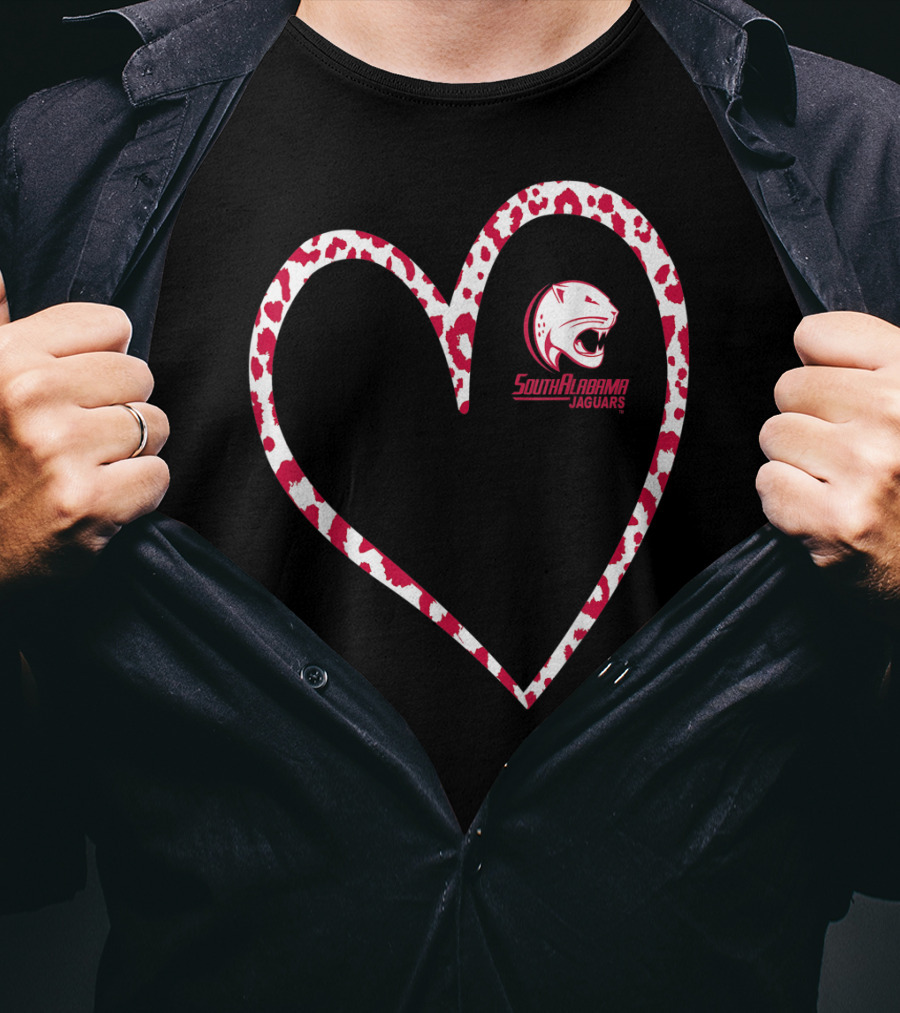 South Alabama Jaguars Leopard Print Heart T-Shirt