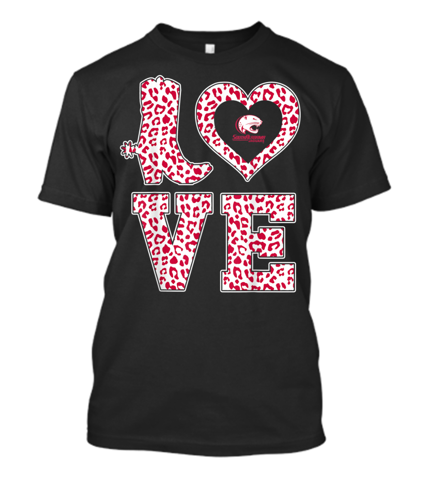 South Alabama Jaguars Leopard Print Love Logo Graduation T-Shirt