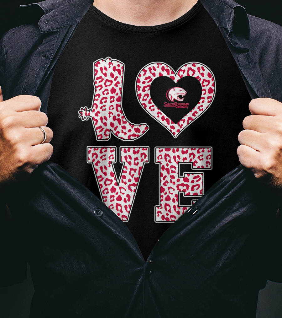 South Alabama Jaguars Leopard Print Love Logo Graduation T-Shirt