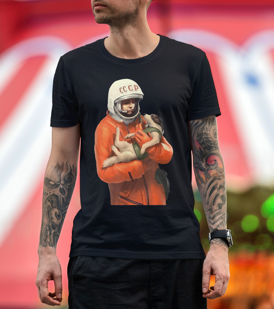Soviet Space Gagarin USSR CCCP Cosmonaut with Dog in Orange Suit T-Shirt