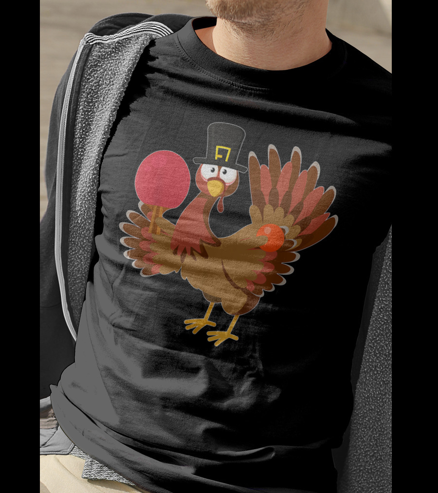 Thanksgiving Turkey Playing Ping Pong With Paddle And Pilgrim Hat T-Shirt