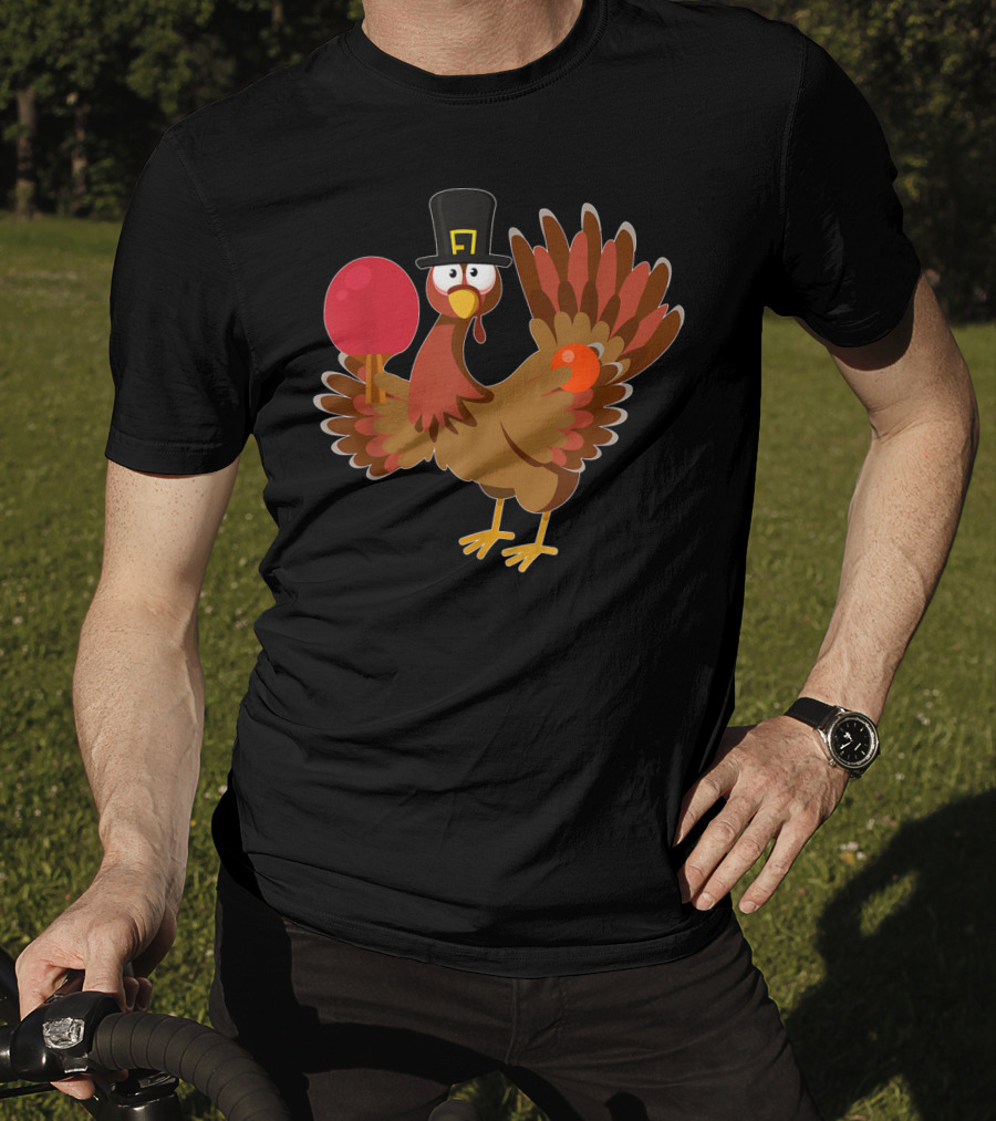 Thanksgiving Turkey Playing Ping Pong With Paddle And Pilgrim Hat T-Shirt