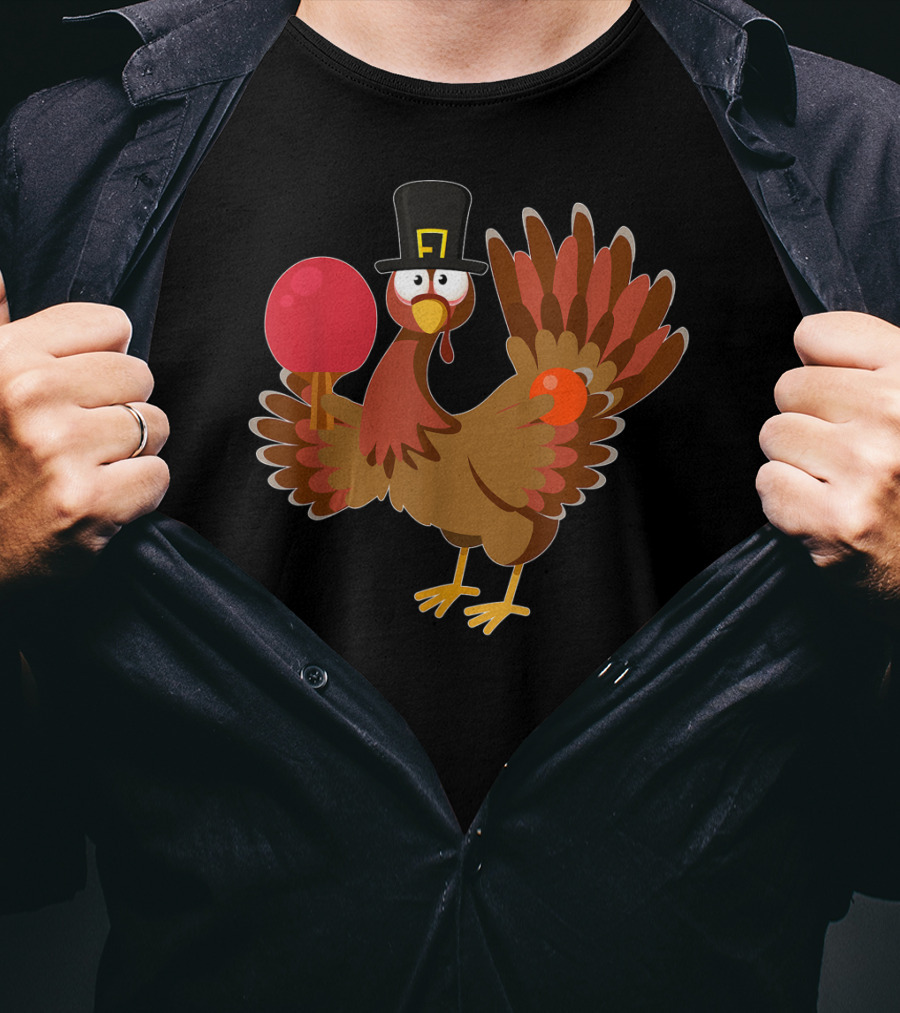 Thanksgiving Turkey Playing Ping Pong With Paddle And Pilgrim Hat T-Shirt