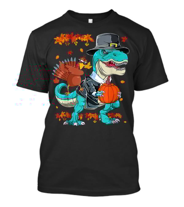 Thanksgiving Pilgrim T-Rex Dinosaur Dabbing Turkey With Pumpkin And Autumn Leaves T-Shirt