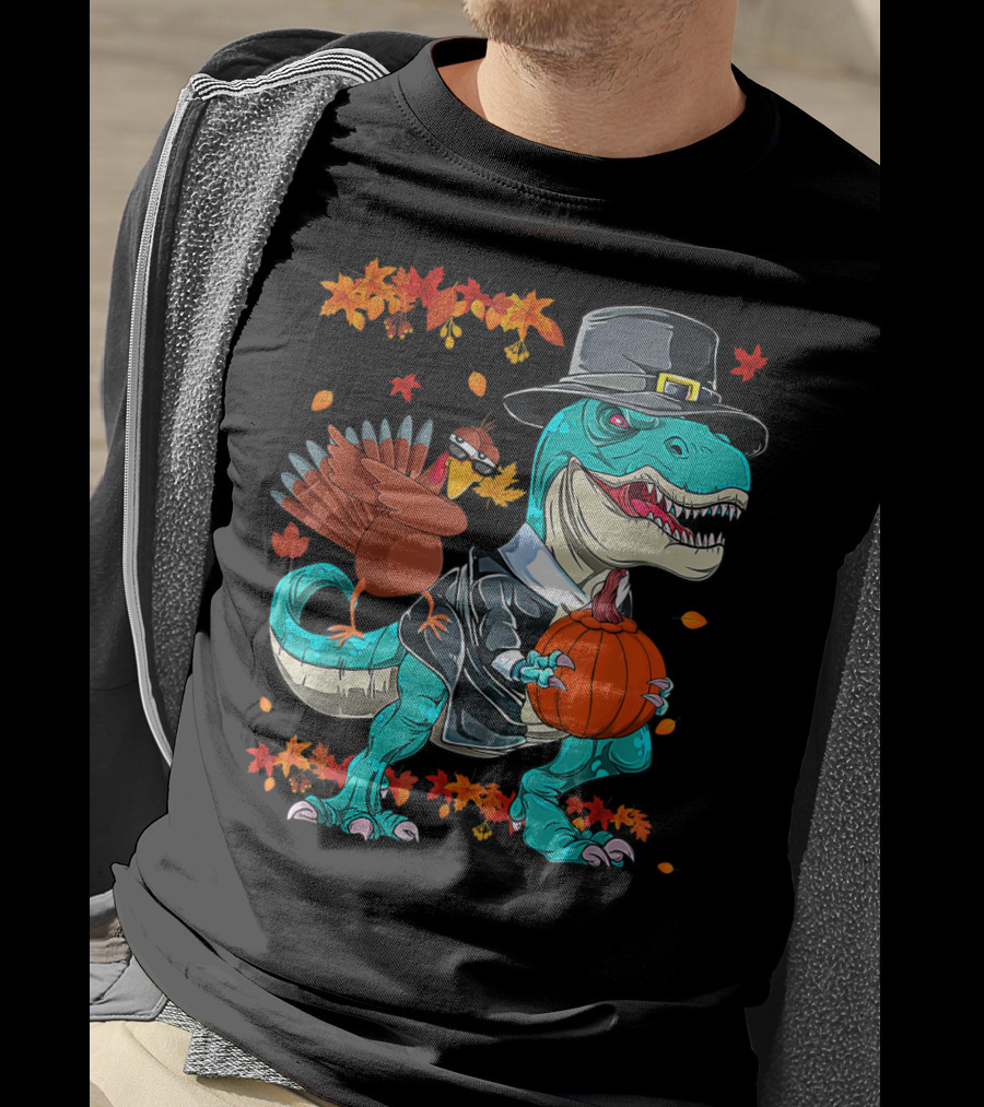 Thanksgiving Pilgrim T-Rex Dinosaur Dabbing Turkey With Pumpkin And Autumn Leaves T-Shirt