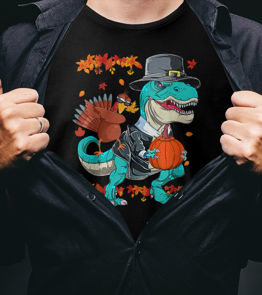 Thanksgiving Pilgrim T-Rex Dinosaur Dabbing Turkey With Pumpkin And Autumn Leaves T-Shirt