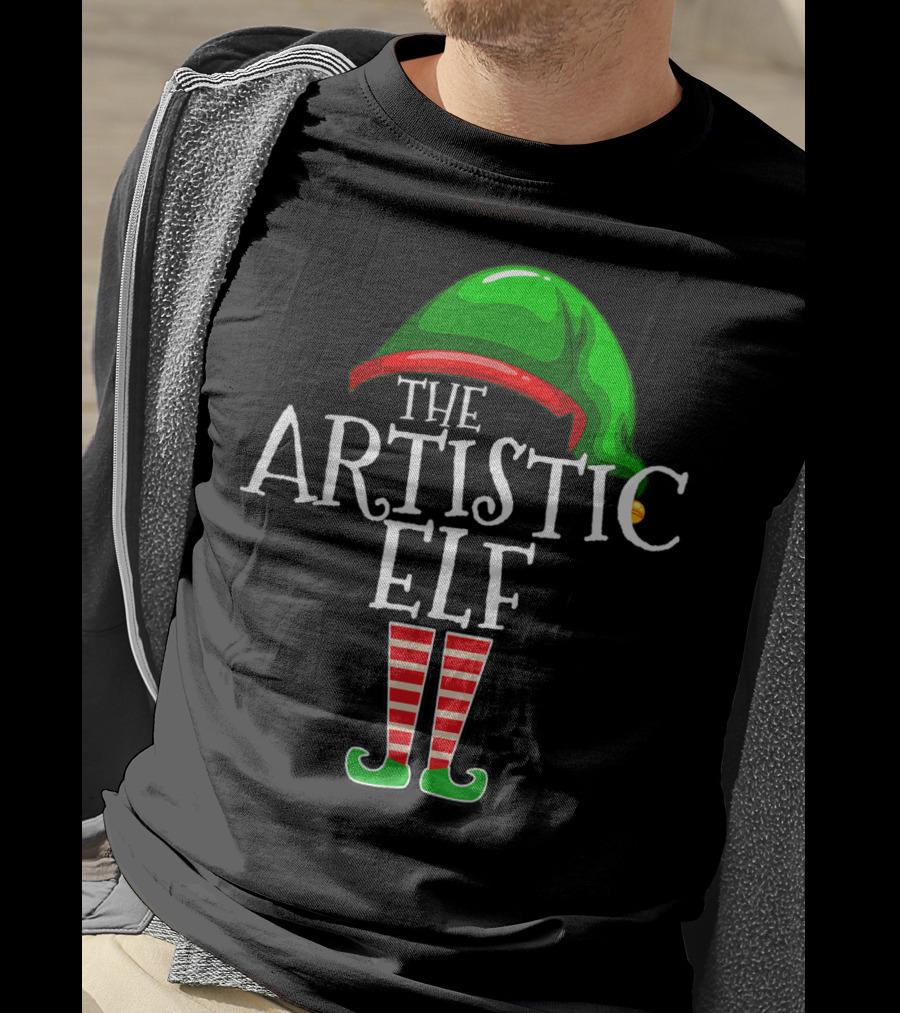 The Artistic Elf Green Hat Red Striped Socks T-Shirt