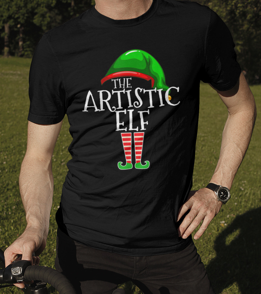 The Artistic Elf Green Hat Red Striped Socks T-Shirt