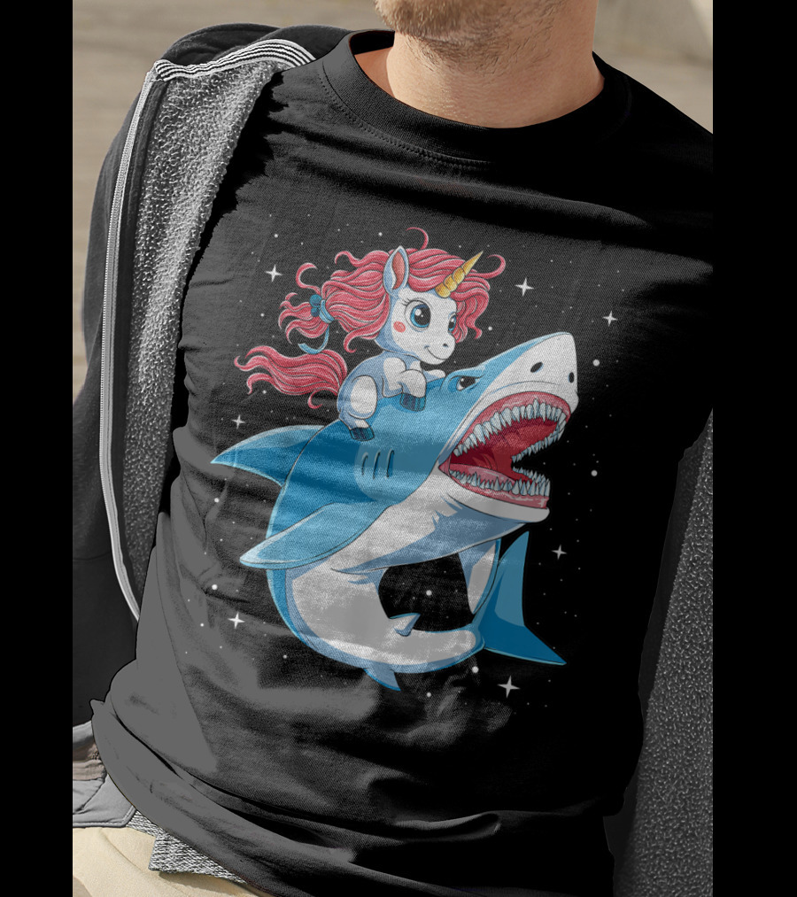 Unicorn Riding Shark In Space Galaxy Adventure T-Shirt