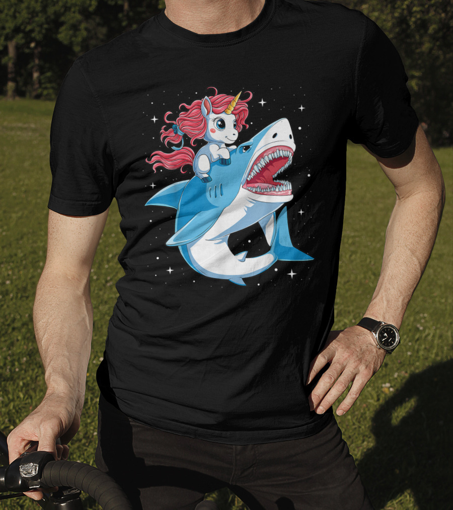 Unicorn Riding Shark In Space Galaxy Adventure T-Shirt