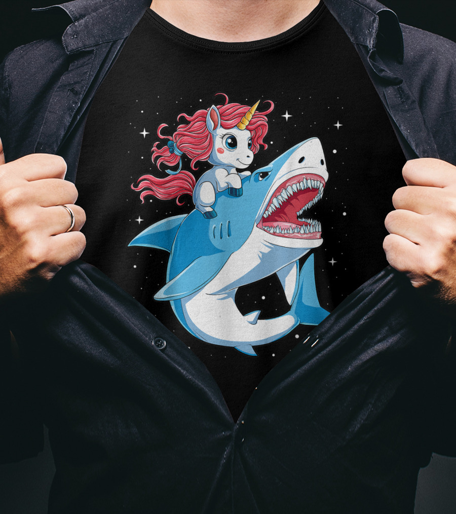 Unicorn Riding Shark In Space Galaxy Adventure T-Shirt