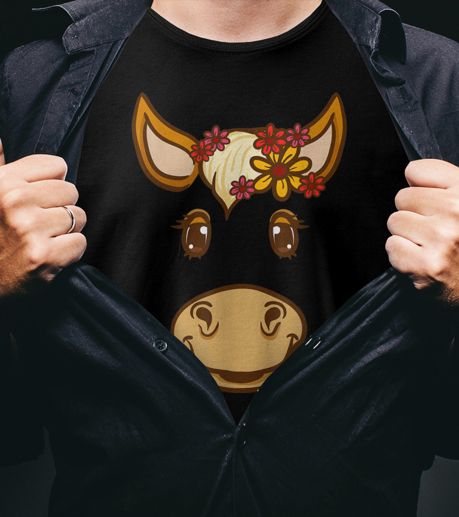 Cute Horse Face With Flowers For Horseback Riding Owner T-Shirt