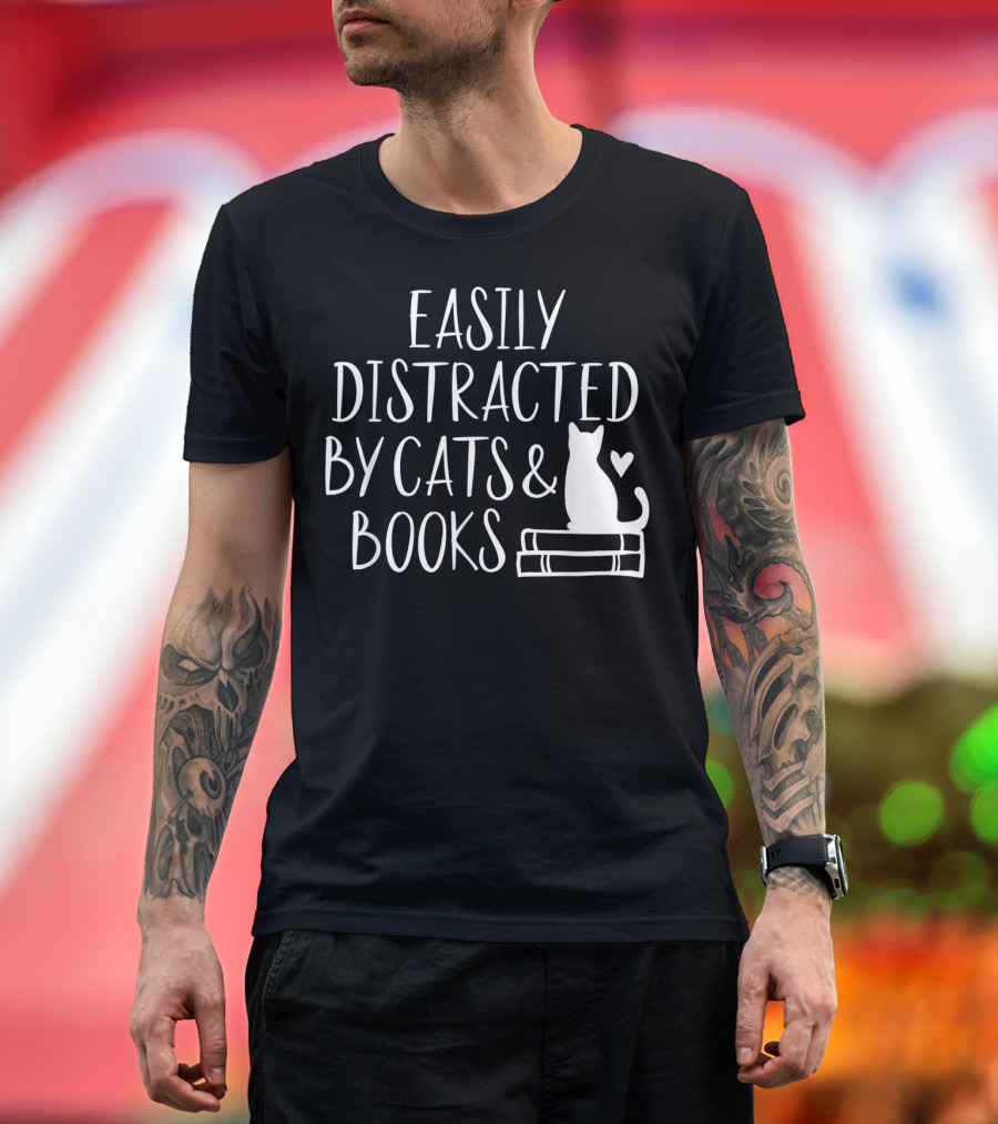 Easily Distracted by Cats and Books with Cat Silhouette on Books and Heart T-Shirt