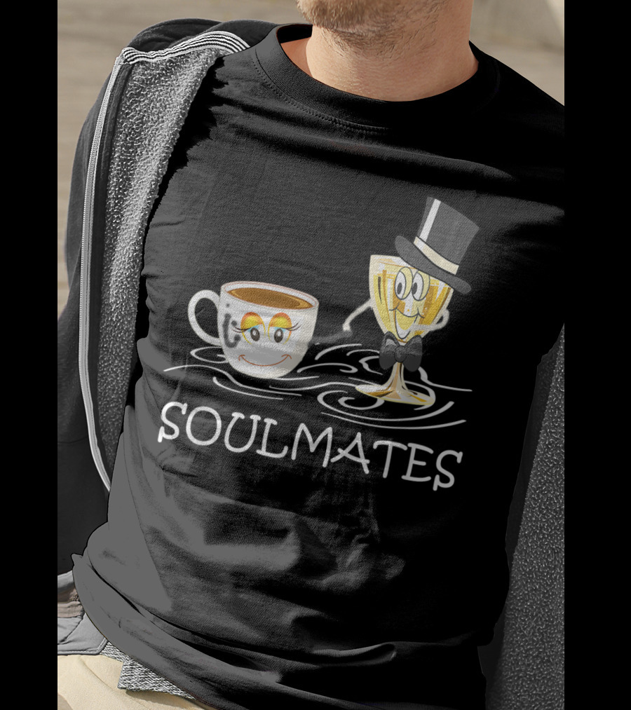 Funny Wine And Coffee Soulmates With Smiling Cup And Glass In Love T-Shirt