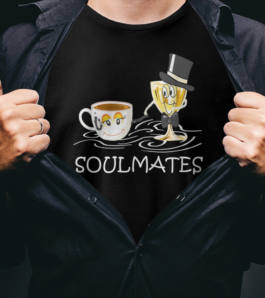 Funny Wine And Coffee Soulmates With Smiling Cup And Glass In Love T-Shirt