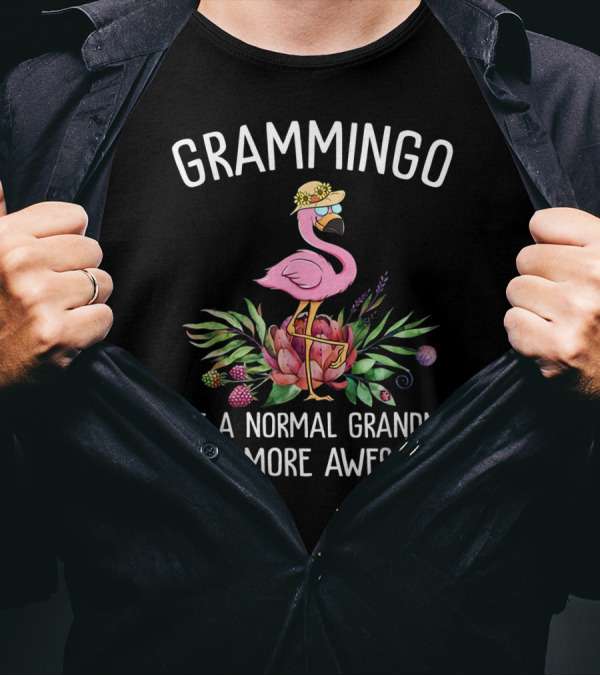 Grammingo Like A Normal Grandma Only More Awesome Pink Flamingo With Hat And Tropical Flowers T-Shirt