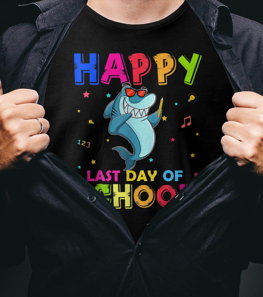 Happy Last Day Of School Dabbing Shark 123 Music Notes T-Shirt