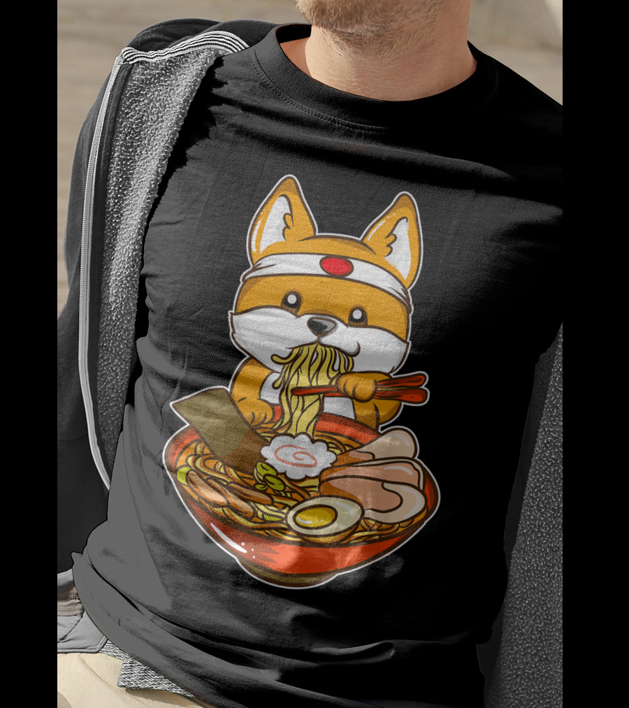 Kawaii Japanese Anime Shiba Inu Enjoying Ramen Bowl T-Shirt