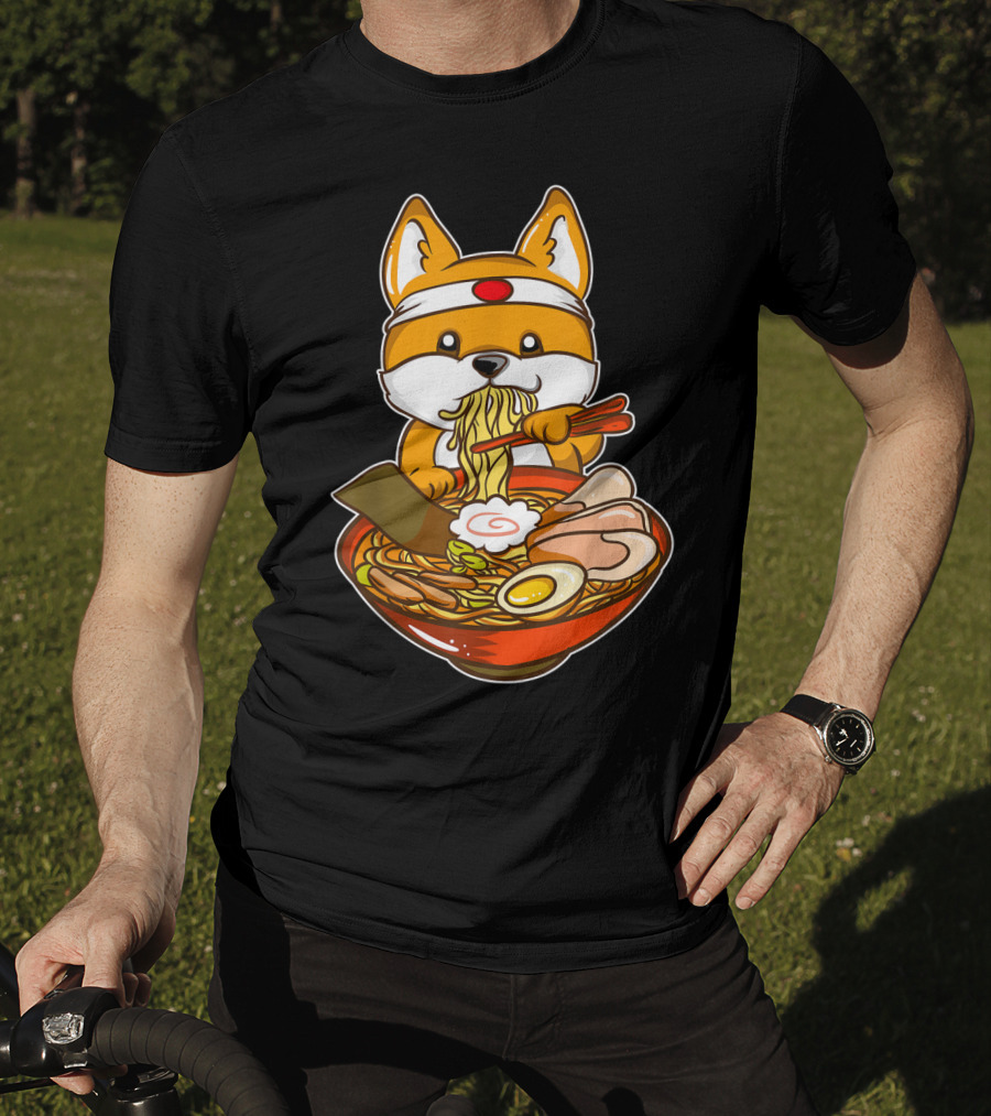 Kawaii Japanese Anime Shiba Inu Enjoying Ramen Bowl T-Shirt