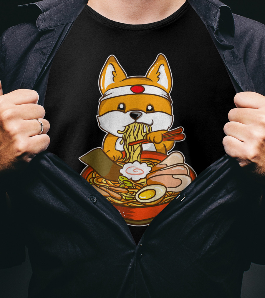 Kawaii Japanese Anime Shiba Inu Enjoying Ramen Bowl T-Shirt