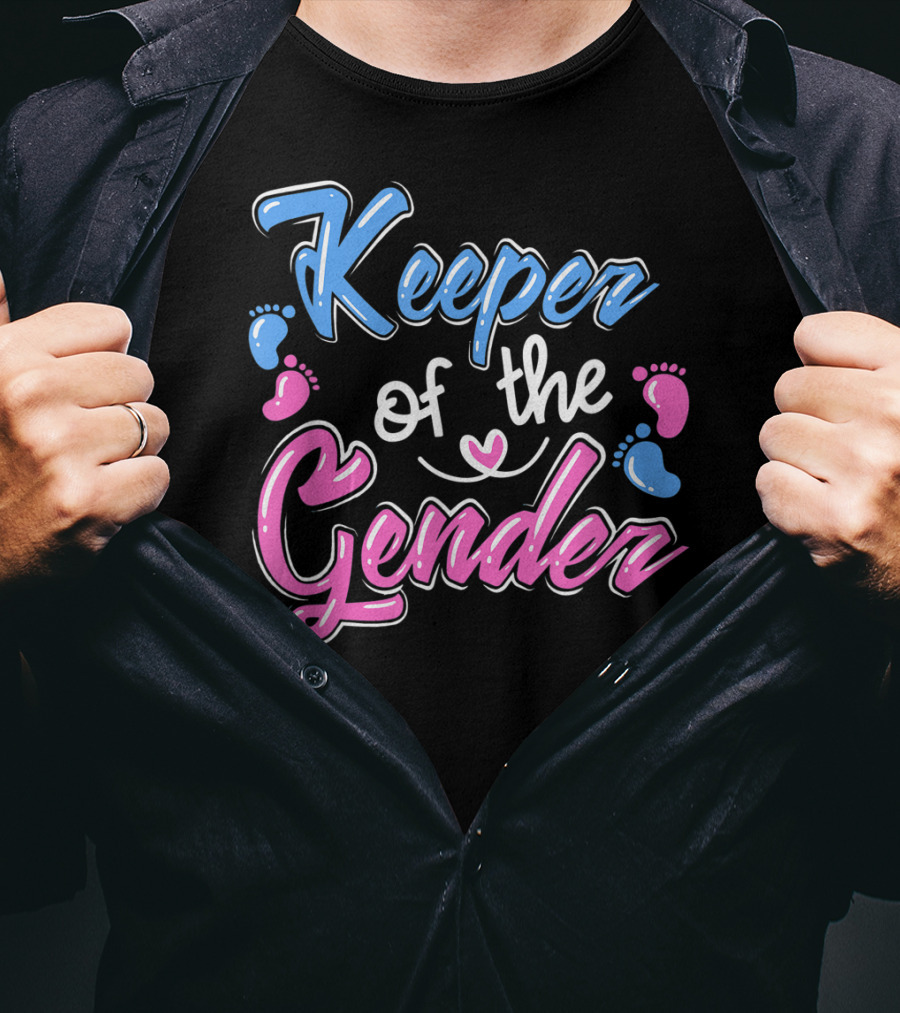 Keeper Of The Gender Reveal Announcement With Pink And Blue Baby Footprints T-Shirt