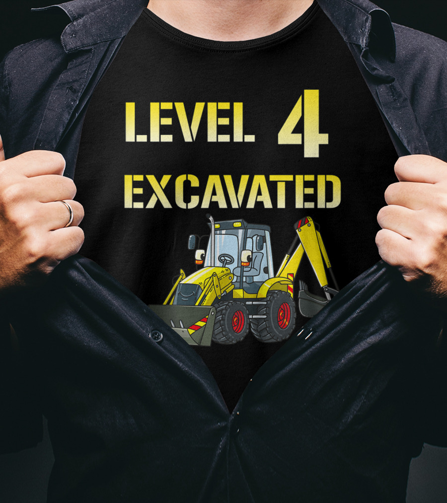 Level 4 Excavated Kids Excavator Birthday 4 Year Old Bday Boy T-Shirt