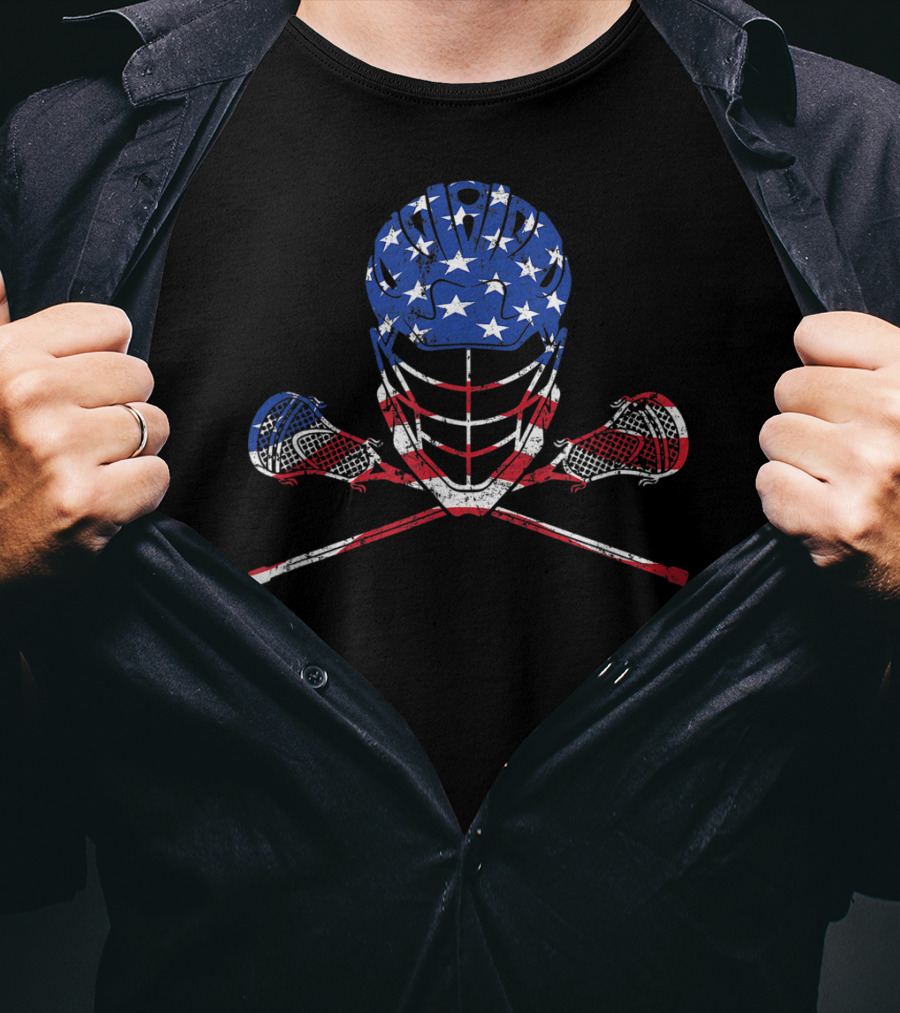 American Flag Lax Helmet And Sticks Lacrosse T-Shirt