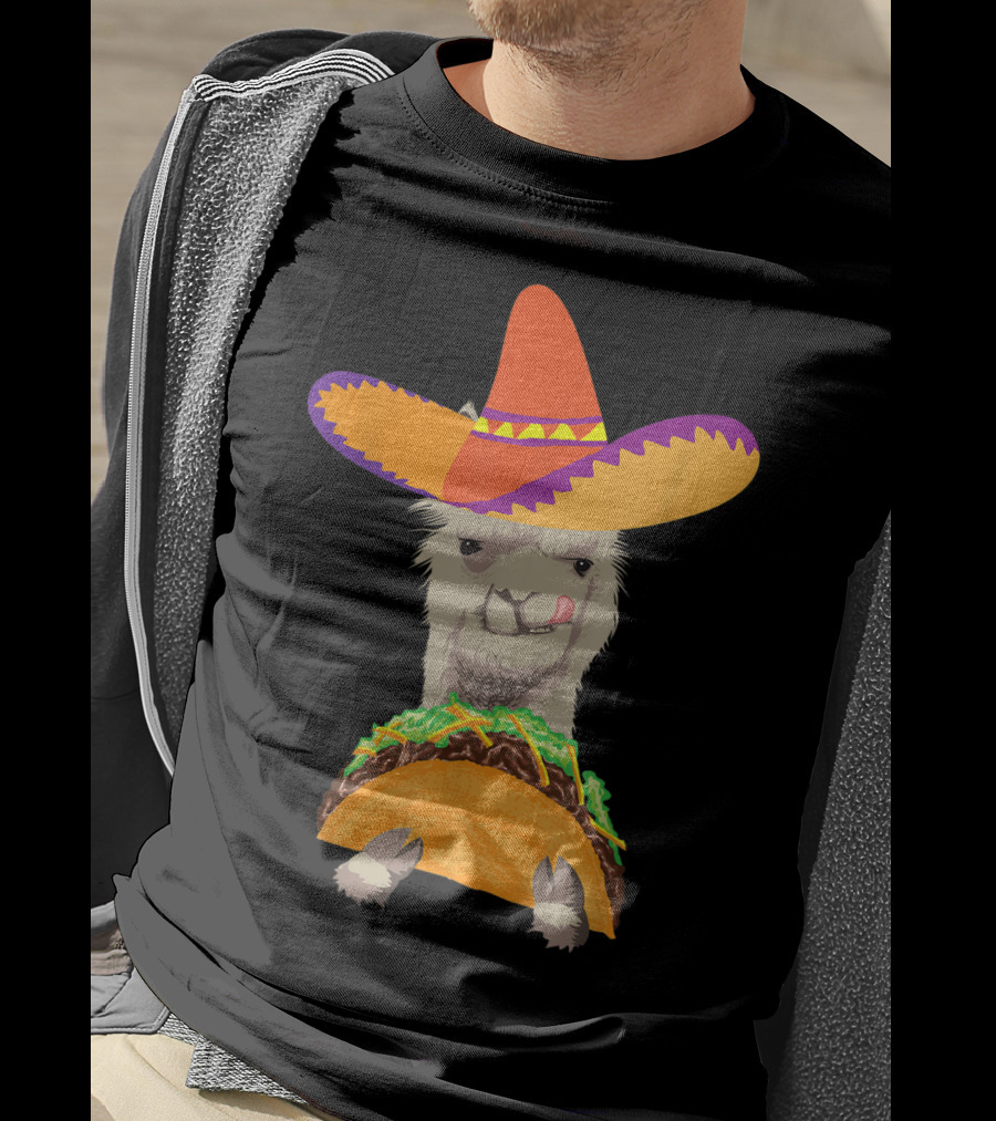 Llama Eating Taco With Sombrero Cool Mexican Alpaca T-Shirt