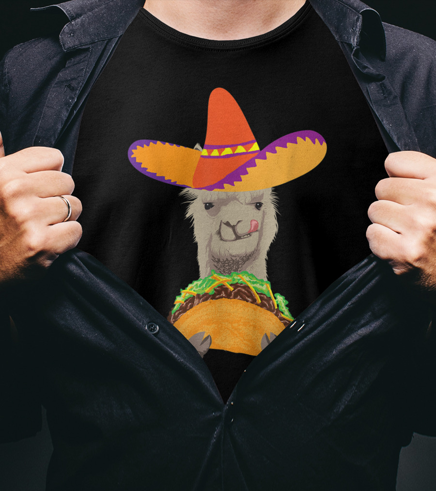 Llama Eating Taco With Sombrero Cool Mexican Alpaca T-Shirt