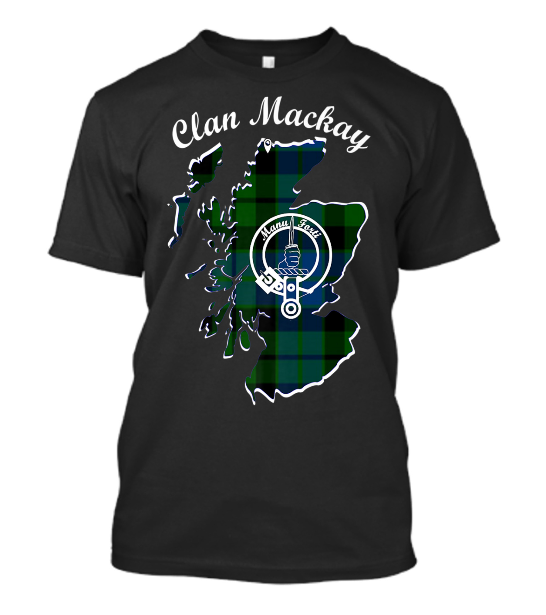 Clan Mackay Scottish Tartan Map Manu Forti Badge T-Shirt