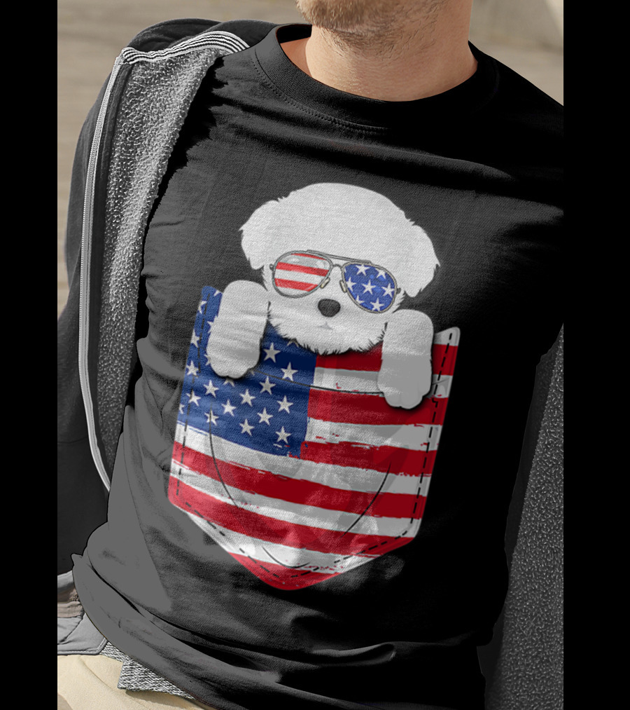 Maltese Dog Peeking Pocket American Flag Sunglasses T-Shirt