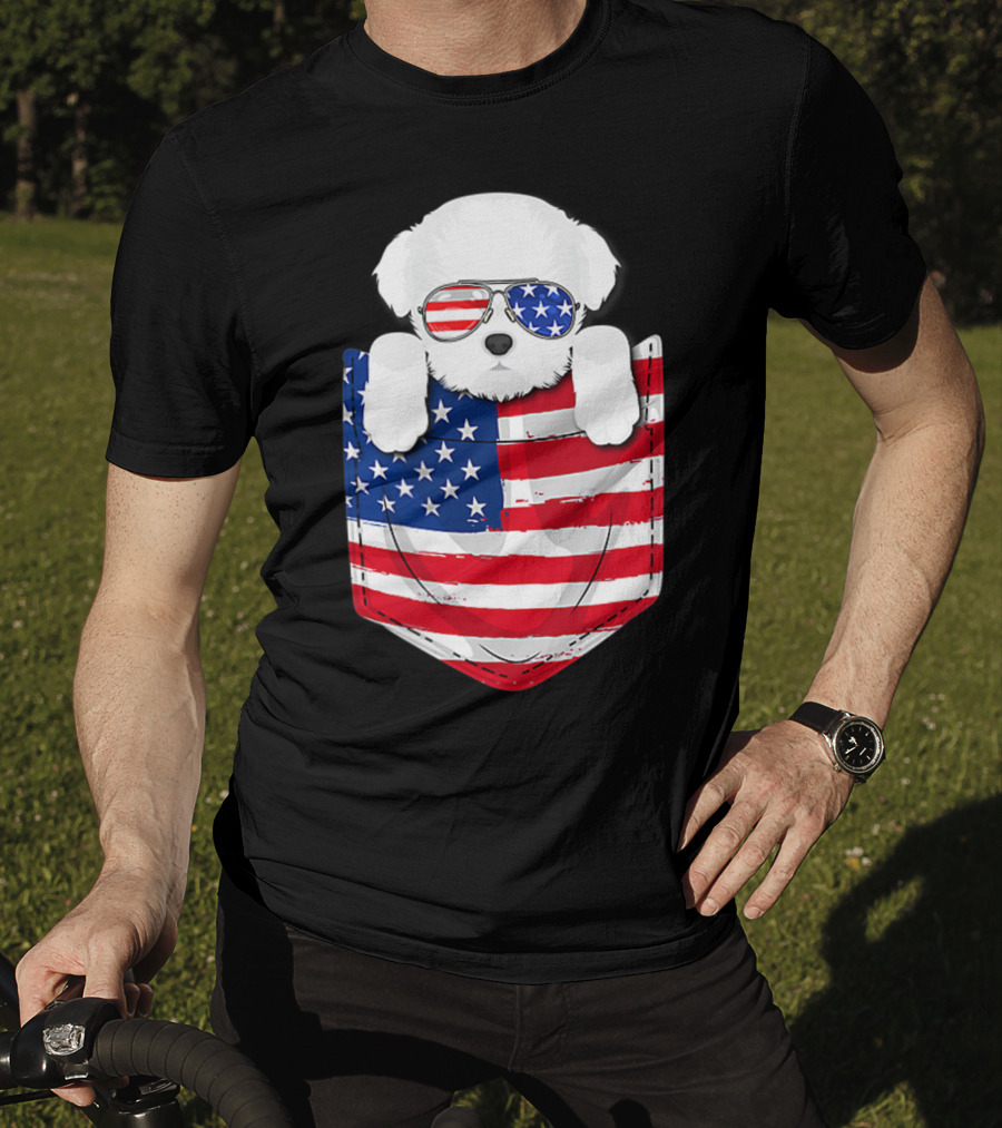 Maltese Dog Peeking Pocket American Flag Sunglasses T-Shirt