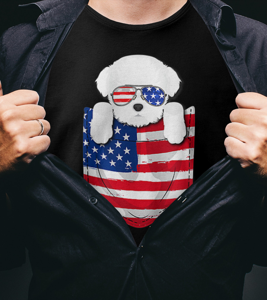 Maltese Dog Peeking Pocket American Flag Sunglasses T-Shirt