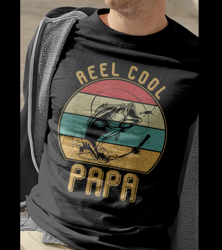 Reel Cool Papa Fishing Father's Day Retro Striped T-Shirt