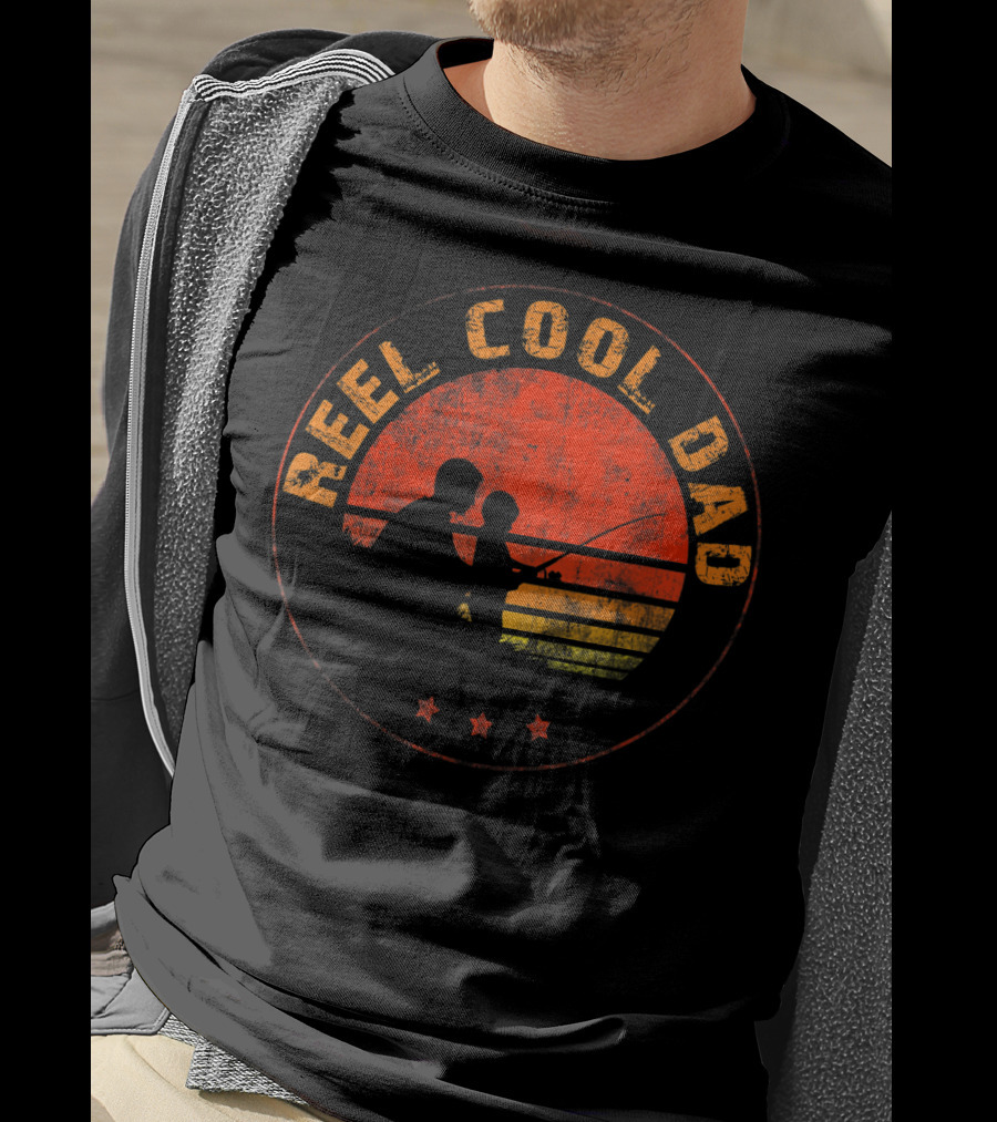 Reel Cool Dad Fishing Daddy Vintage Retro Sunset T-Shirt