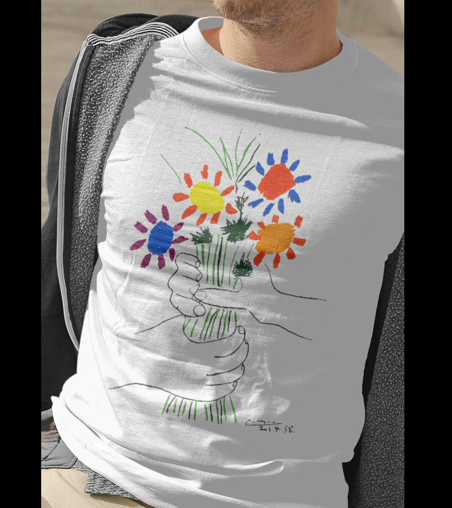 Pablo Picasso Colorful Bouquet With Hands Of Peace Signature 1958 T-Shirt