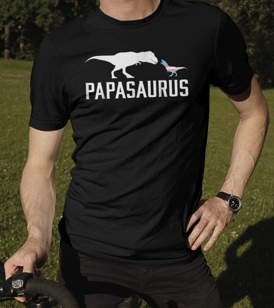 Papasaurus Transgender Flag T-Rex And Baby Dinosaurs T-Shirt