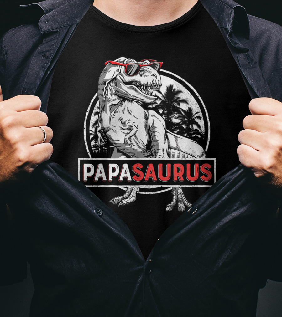 Papasaurus Rex Dinosaur With Sunglasses And Palm Trees T-Shirt